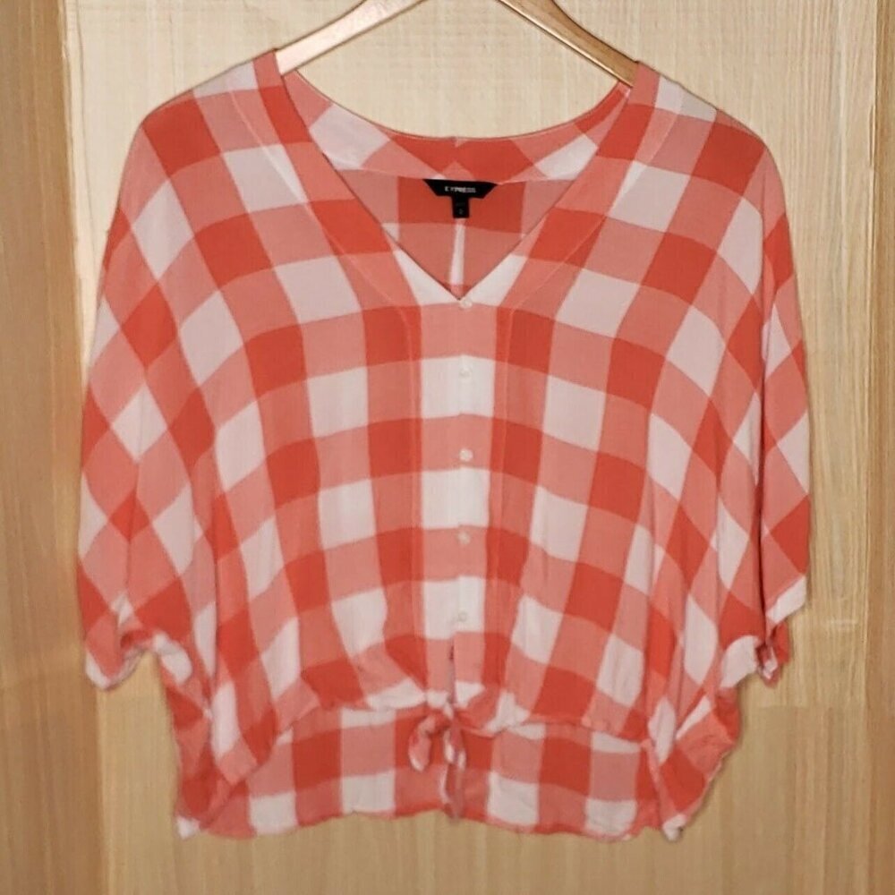 Express Womens Orange White Check Short Dolman Sleeve Front Tie Cropped Top...